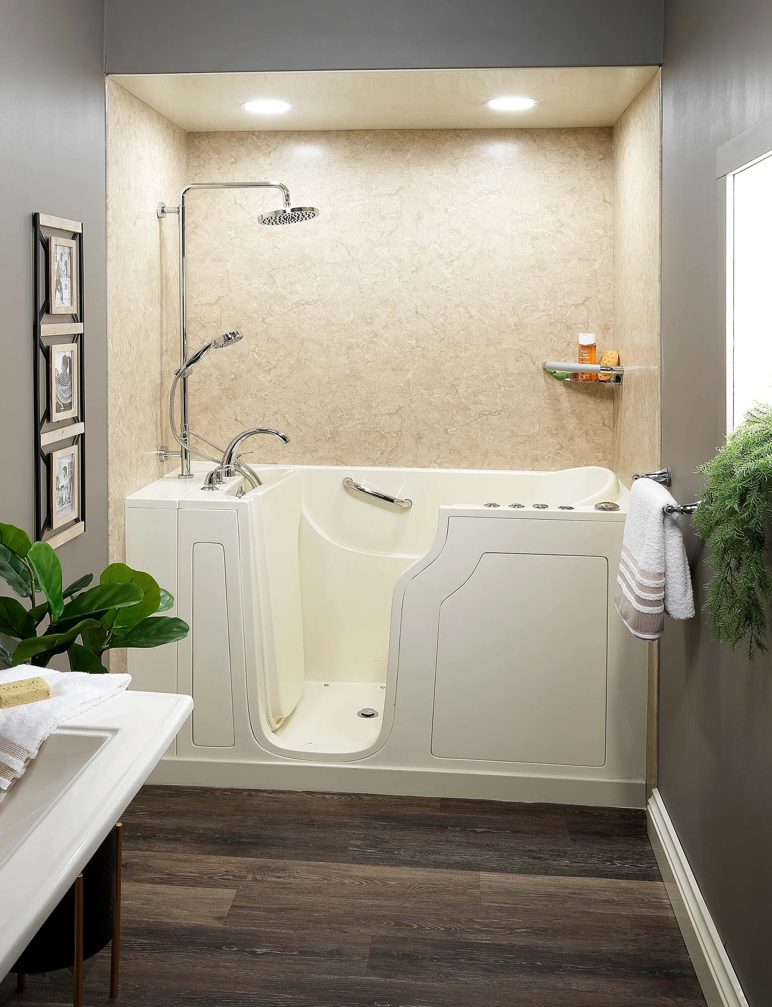 Walk-in tub with low-step entry